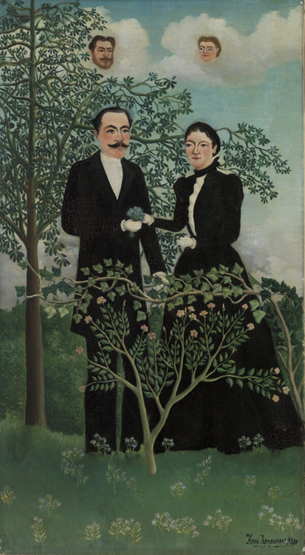 Henri Rousseau, Vergangenheit und Gegenwart, 1899 - ein Mann und eine Frau in Schwarz hinter einem blühenden Bäumchen, darüber zwei Köpfe am Wolkenhimmel