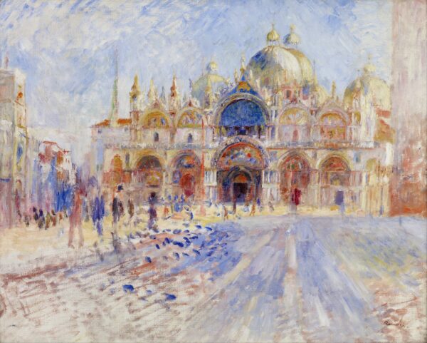 The Piazza San Marco, Venice, the domed basilica above the sunlit, almost empty square with pigeons – hand-painted oil reproduction of Renoir’s painting