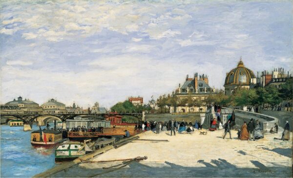 The Pont des Arts, Paris, a view along the Seine with the dome of the Institut de France and figures on the quay – hand-painted oil reproduction of Renoir’s painting