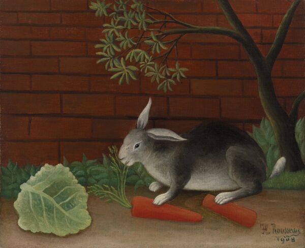 Henri Rousseau, Il pasto del coniglio, 1908 - un coniglio grigio e bianco rosicchia foglie di carota davanti a un muro di mattoni rossi, più a sinistra un cavolo