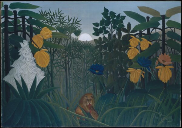 Henri Rousseau, Az oroszlán lakomája, 1907 körül - oroszlán lapul a szálak között és foltos állatot tép, mögötte halvány nap és kék lótuszok