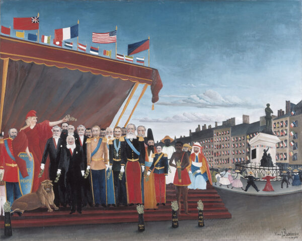 The Representatives of Foreign Powers, Henri Rousseau 1907 – a group of men under a red awning hung with flags, a lion in front and four gold-lettered posts
