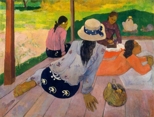 Paul Gauguin – Die Siesta, vier Frauen auf einer überdachten Veranda, eine bügelt Wäsche, eine liegt in Orange, im Vordergrund der, Ölgemälde Reproduktion