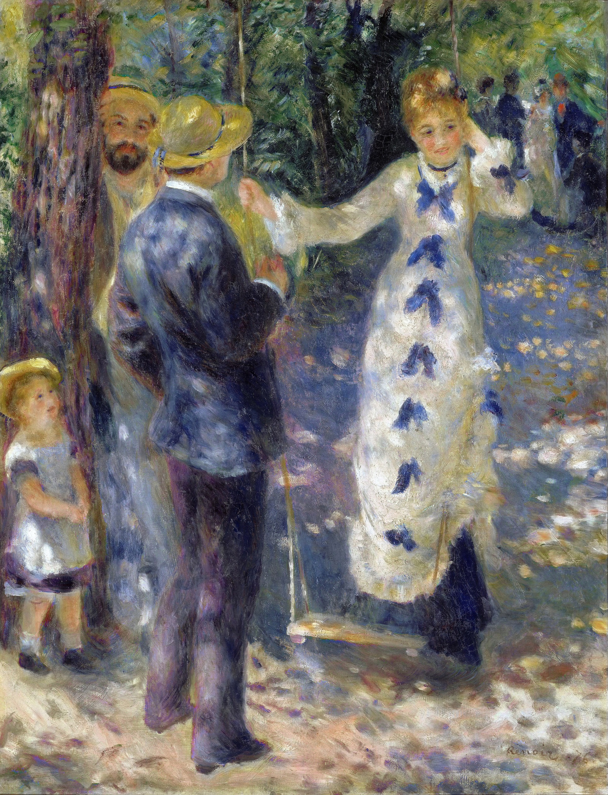 A hinta, fehér ruhás, kék masnis fiatal nő a hintán a fák alatt – kézzel festett olajreprodukció Renoir festménye után