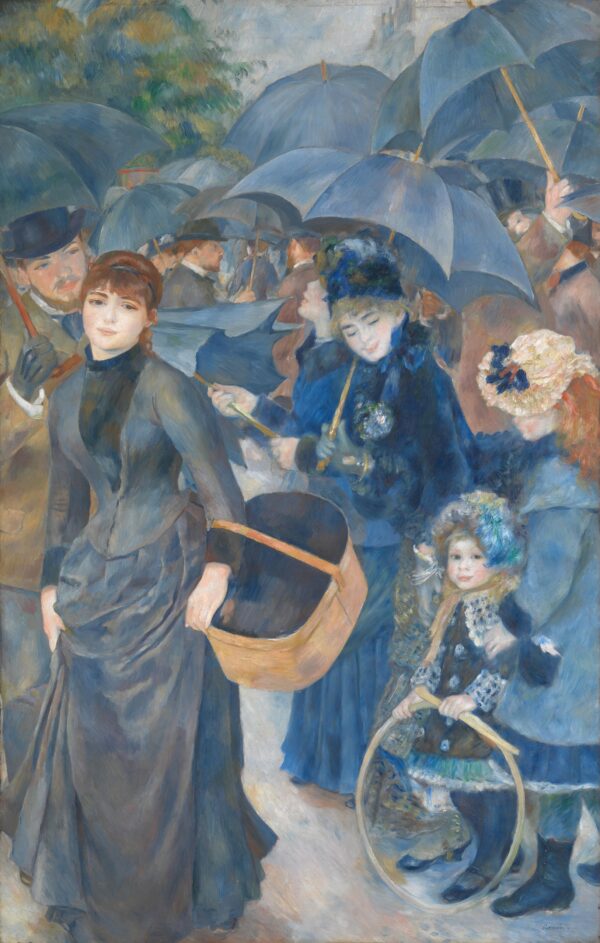 The Umbrellas, a crowd under grey-blue umbrellas with a young woman carrying a wicker bandbox at the lower left – hand-painted oil reproduction of Renoir’s painting