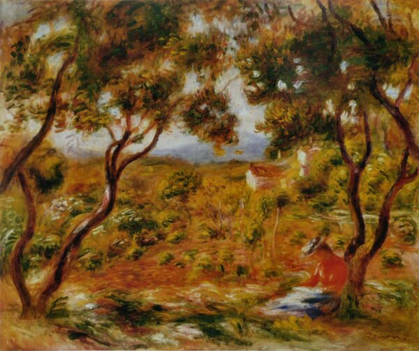 The Vineyards at Cagnes, two olive trunks at the edges above a slope of vines with the sea beyond – hand-painted oil reproduction of Renoir’s painting