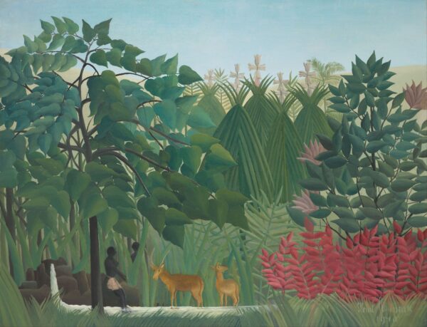 Henri Rousseau, Der Wasserfall, 1910 - ein schmaler weißer Wasserfall zwischen Felsen, zwei goldbraune Antilopen am Ufer, purpurrote Blätter rechts