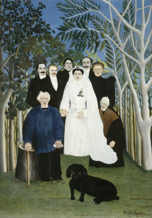 Henri Rousseau, Die Hochzeitsgesellschaft, 1905 - eine Braut in weißem Kleid und Schleier zwischen Gästen in Schwarz, davor ein großer schwarzer Pudel