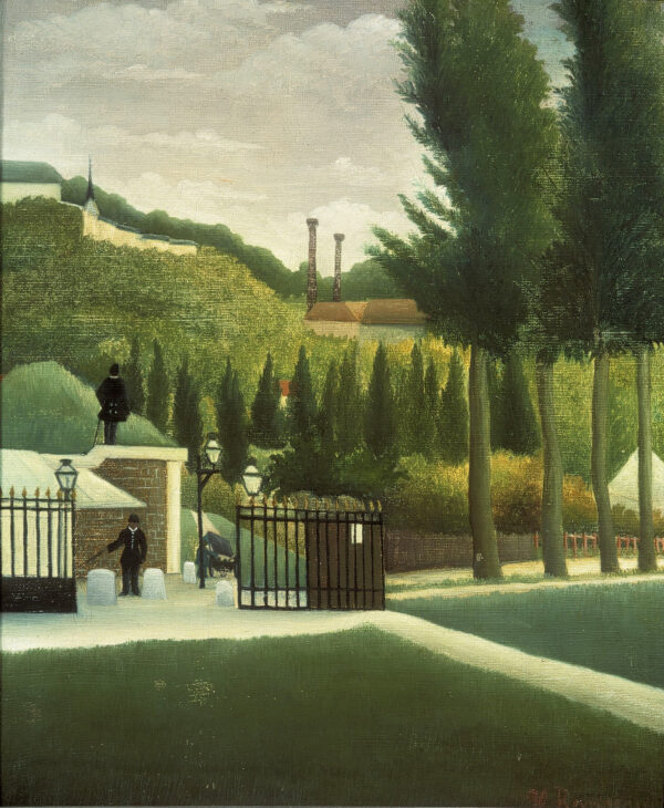Mitnica, Henri Rousseau 1890 – zaprta črna železna vrata z zlatimi konicami med drevjem, v ozadju dva dimnika, v vhodu moški s palico