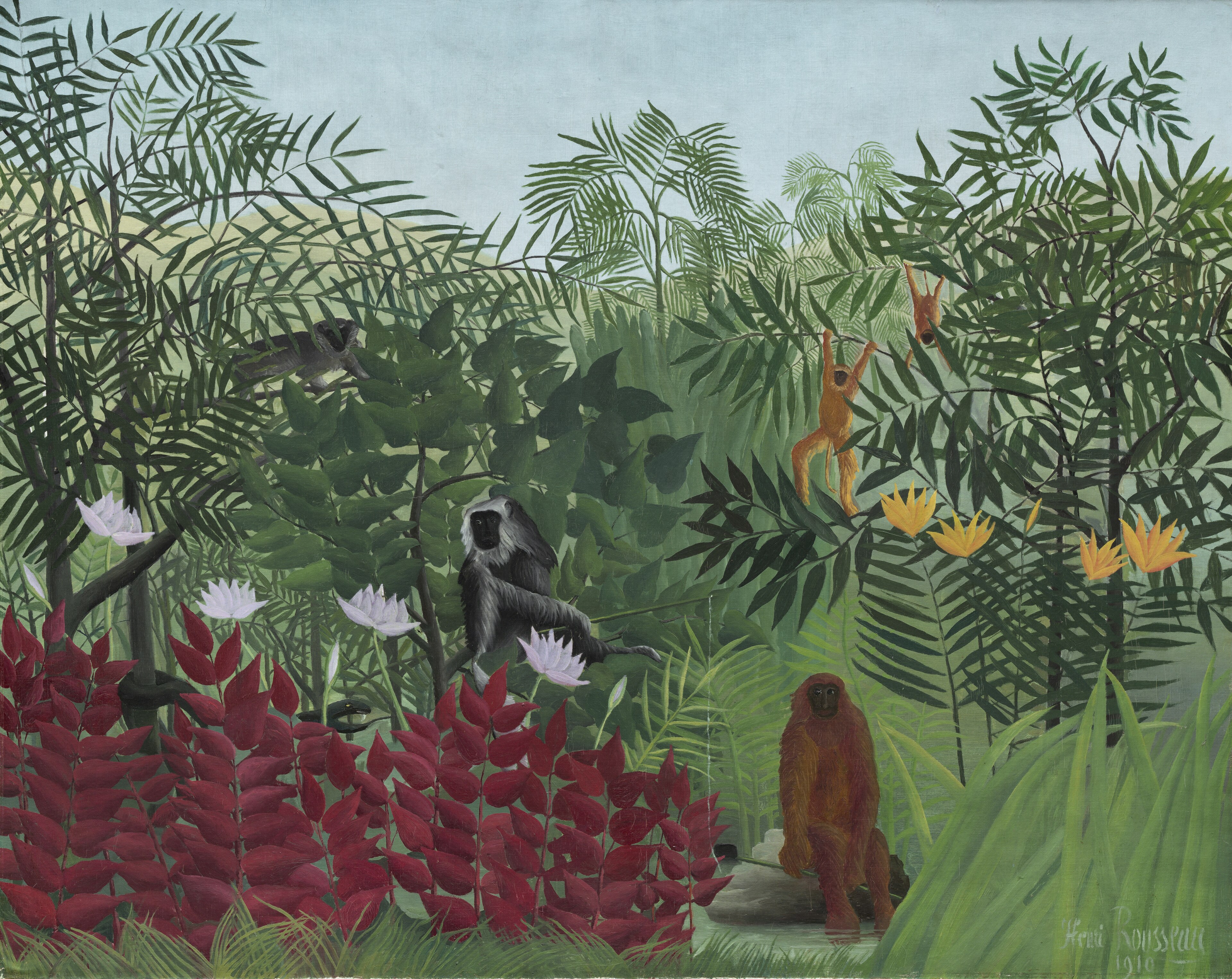 Henri Rousseau, Tropska šuma s majmunima, 1910. - sivi majmun s tankim štapom, dva narančasta majmuna vise gore desno, vinsko crveni grm slijeva i bijeli lopoči