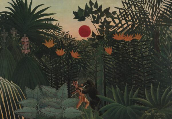 Henri Rousseau, Tropische Landschaft mit Gorilla, 1910 - ein Mann mit Federkopfschmuck kämpft mit einer Lanze gegen einen Gorilla, darüber eine rote Sonne