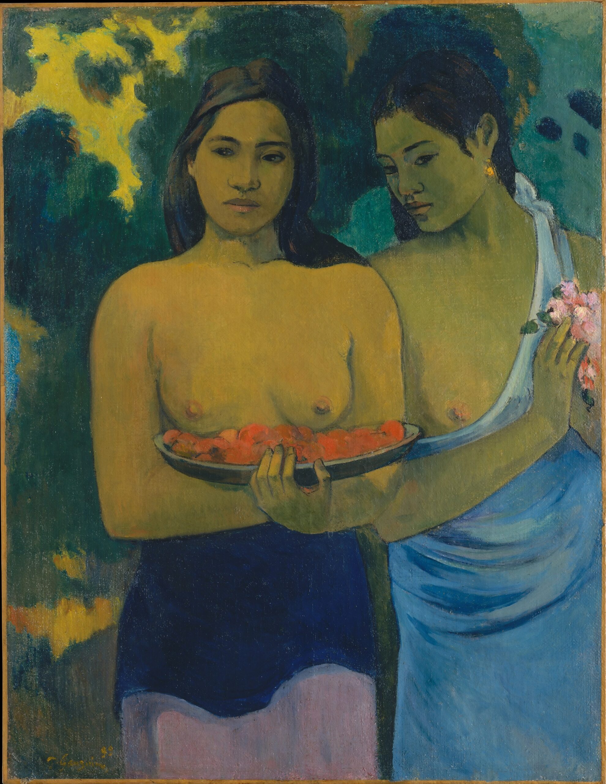 Paul Gauguin – Zwei tahitianische Frauen, zwei tahitianische Frauen als Halbfiguren, eine mit einer Schale roter Mangoblüten, vor einer Wand aus, Gemälde auf Leinwand
