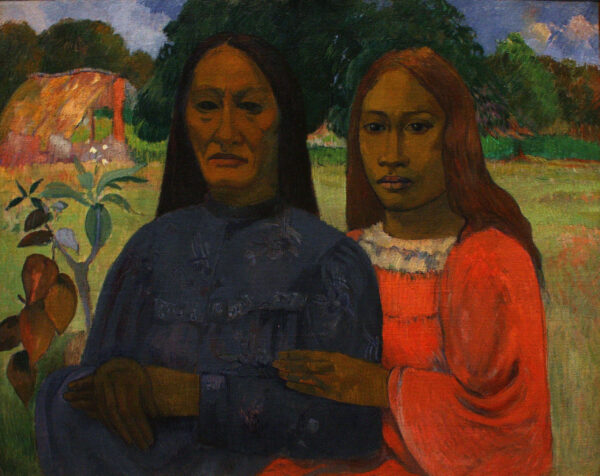 Paul Gauguin – Két nő, két nő kettős arcképe zöld lomb és alacsony ház előtt, festmény reprodukció