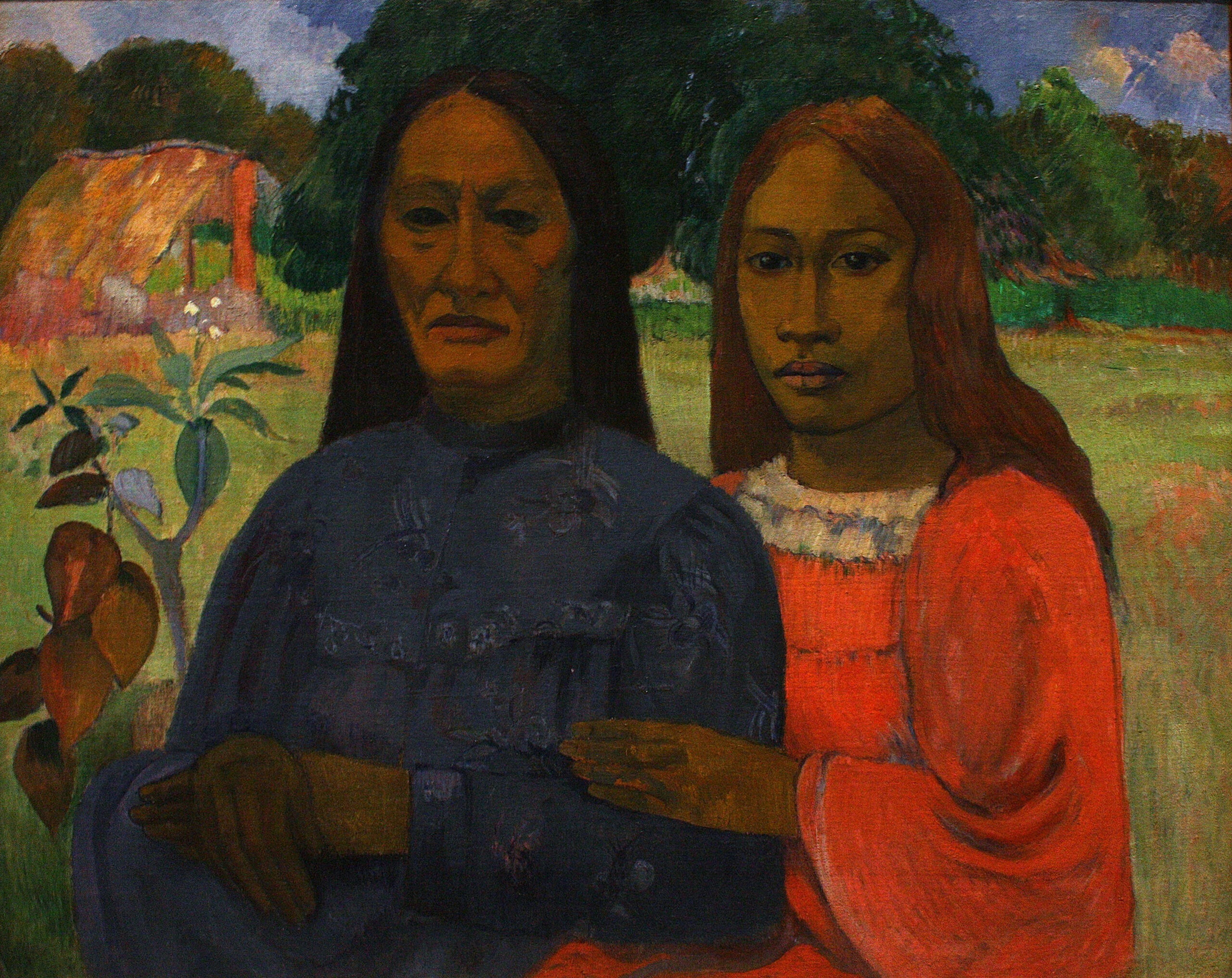 Paul Gauguin – Zwei Frauen, Doppelbildnis zweier Frauen vor Grün und einem niedrigen Haus, berühmte Gemälde