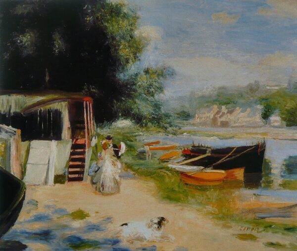 View of Bougival, the sandy bank of the Seine with boats, a dog and a woman in white – hand-painted oil reproduction of Renoir’s painting