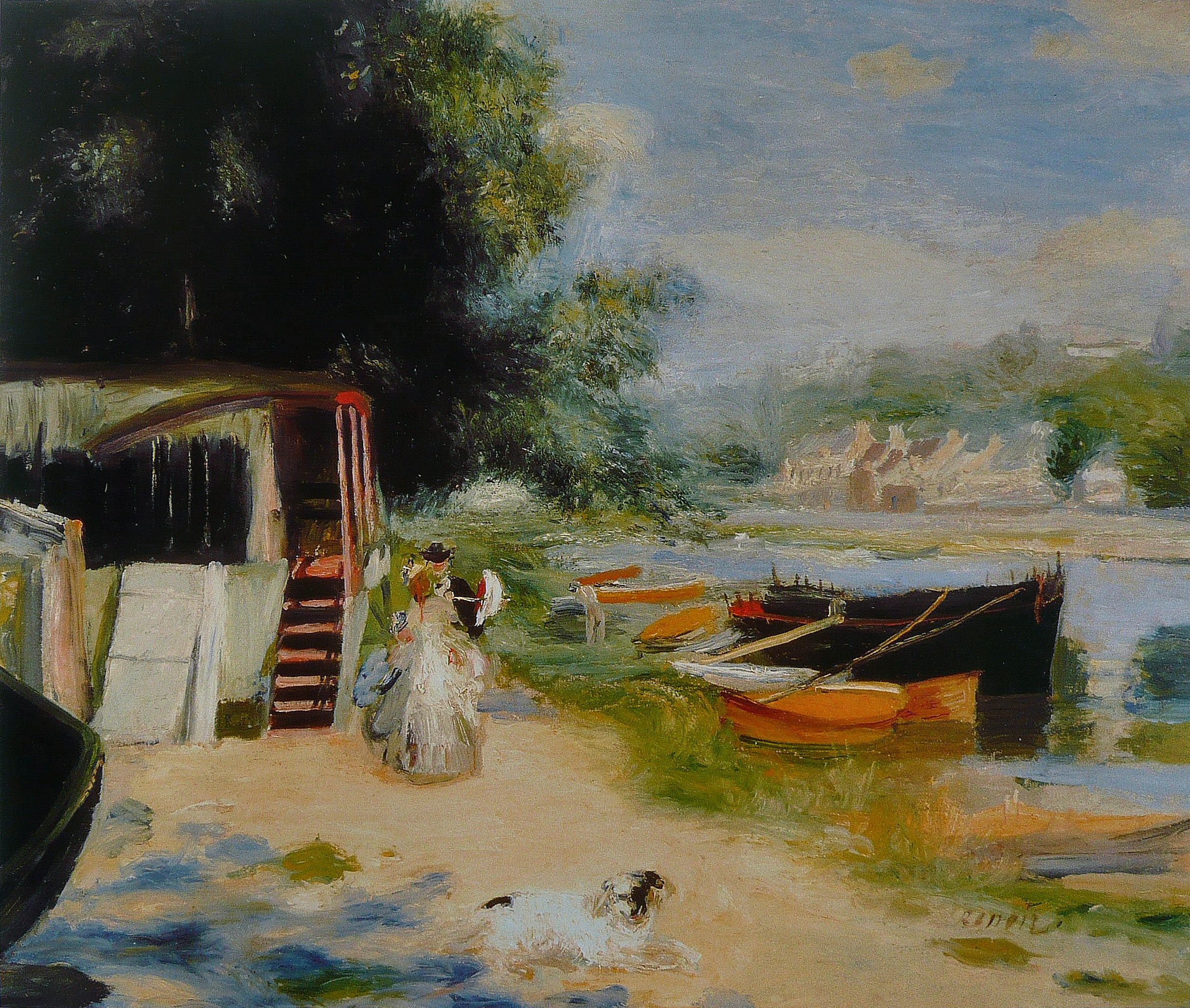 View of Bougival, the sandy bank of the Seine with boats, a dog and a woman in white – hand-painted oil reproduction of Renoir’s painting