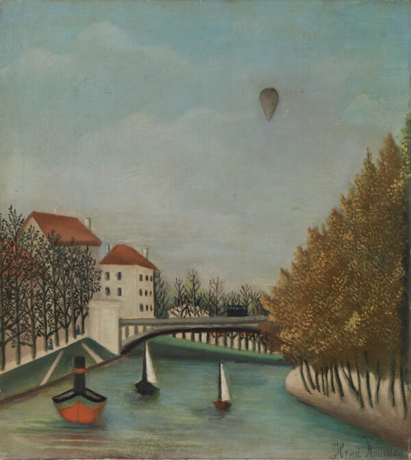 Henri Rousseau, Blick auf die Brücke von Clichy bei Asnières - eine eiserne Brücke über einen blassgrünen Fluss, ein roter Schlepper, zwei Segelboote, ein Ballon