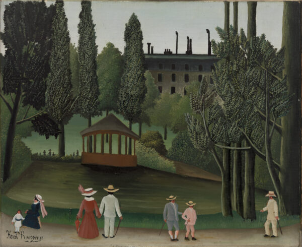 Henri Rousseau, View of Montsouris Park, the Kiosk - strollers in hats on a pale path, dark water behind them and an open pavilion with a conical roof
