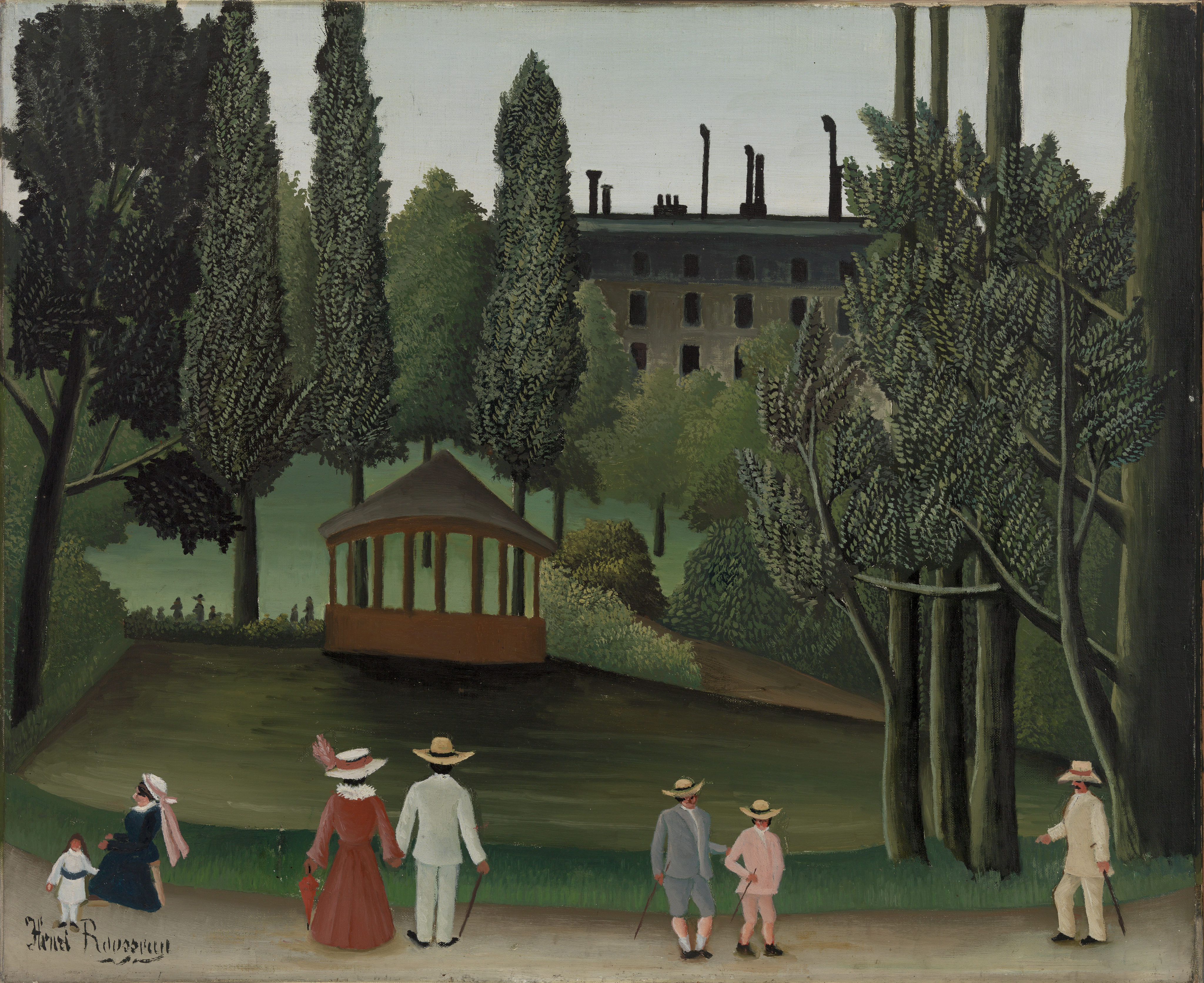 Henri Rousseau, Pogled na park Montsouris, paviljon - šetači sa šeširima na svijetloj stazi, iza njih tamna voda i otvoren paviljon sa stožastim krovom