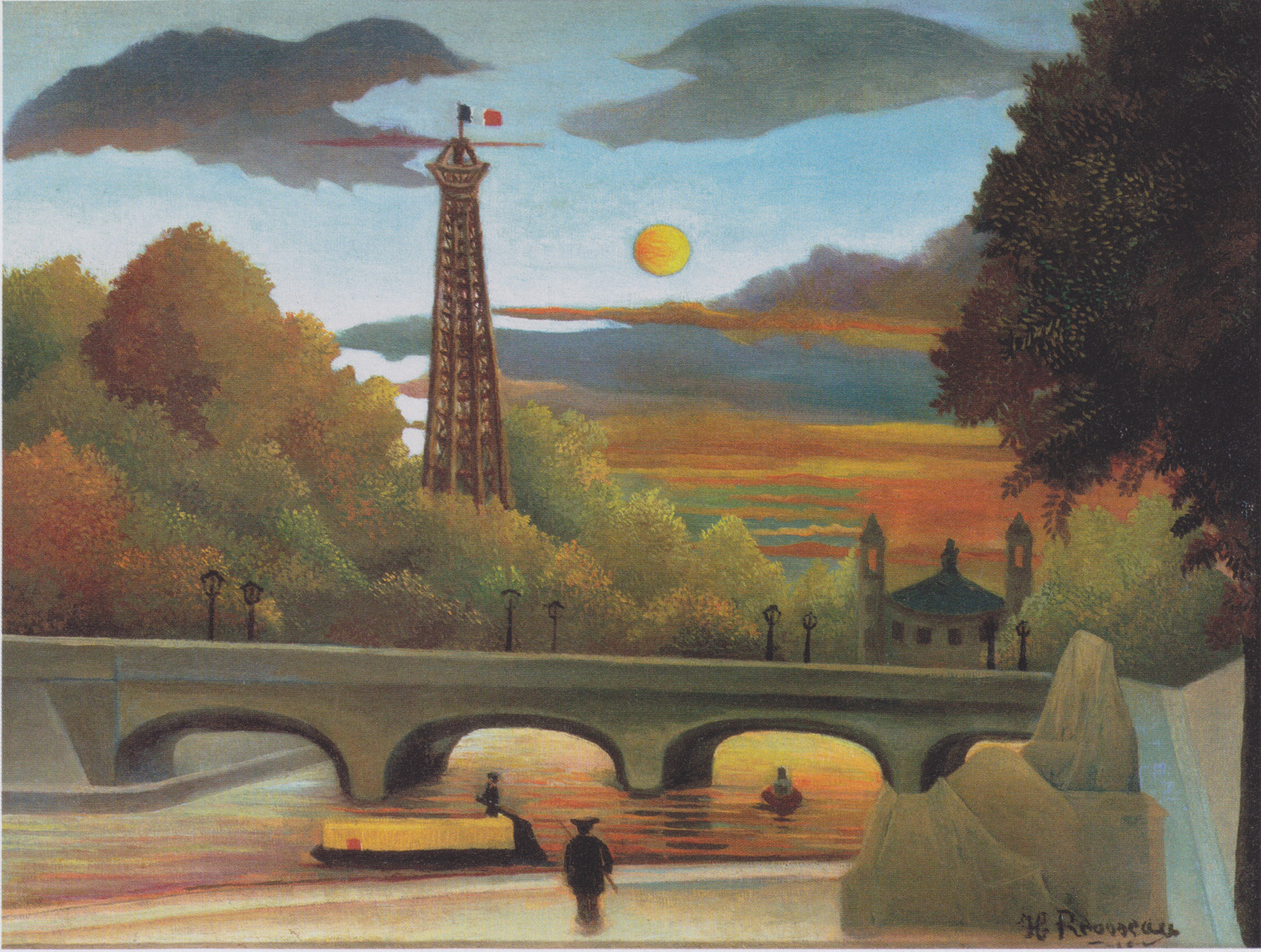 Henri Rousseau, Blick auf den Eiffelturm und das Trocadéro, 1896–1898 - eine große orange Sonne über dem Fluss, links der Eiffelturm mit Fahne, quer eine Bogenbrücke