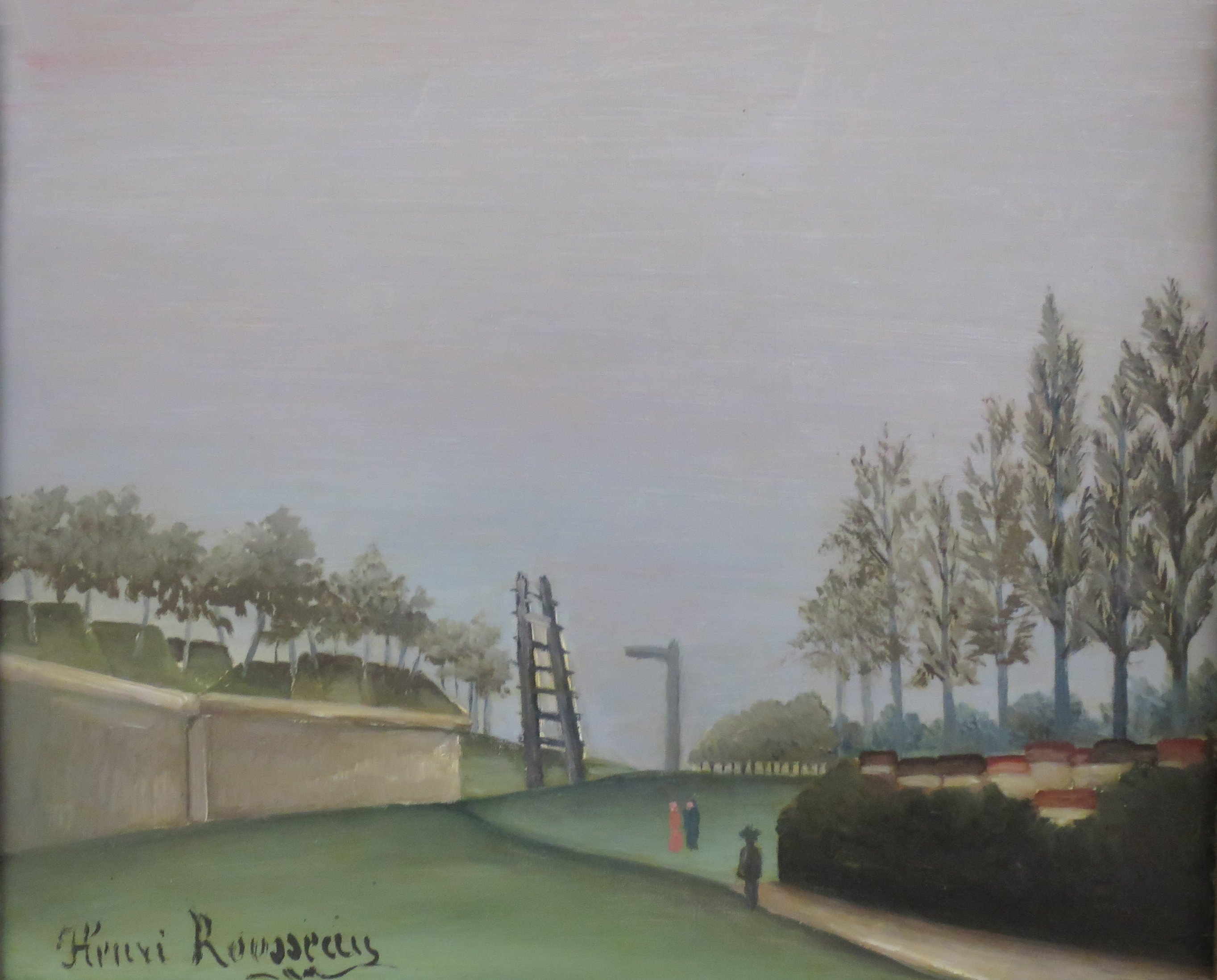 View of the Fortifications to the Left of the Gate of Vanves, Henri Rousseau 1909 – a pale stone wall and green ground under a grey sky, with a rung frame and a grey post at the centre