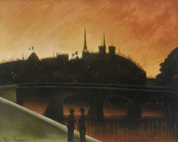 Henri Rousseau, Blick auf die Île de la Cité, Paris, um 1893 - die Insel als dunkle Silhouette vor orangerotem Abendhimmel, eine Steinbrücke und Lichter im Wasser