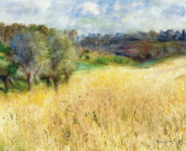 Wheatfield, ripe corn under a pale clouded sky with trees at the left – hand-painted oil reproduction of Renoir’s painting
