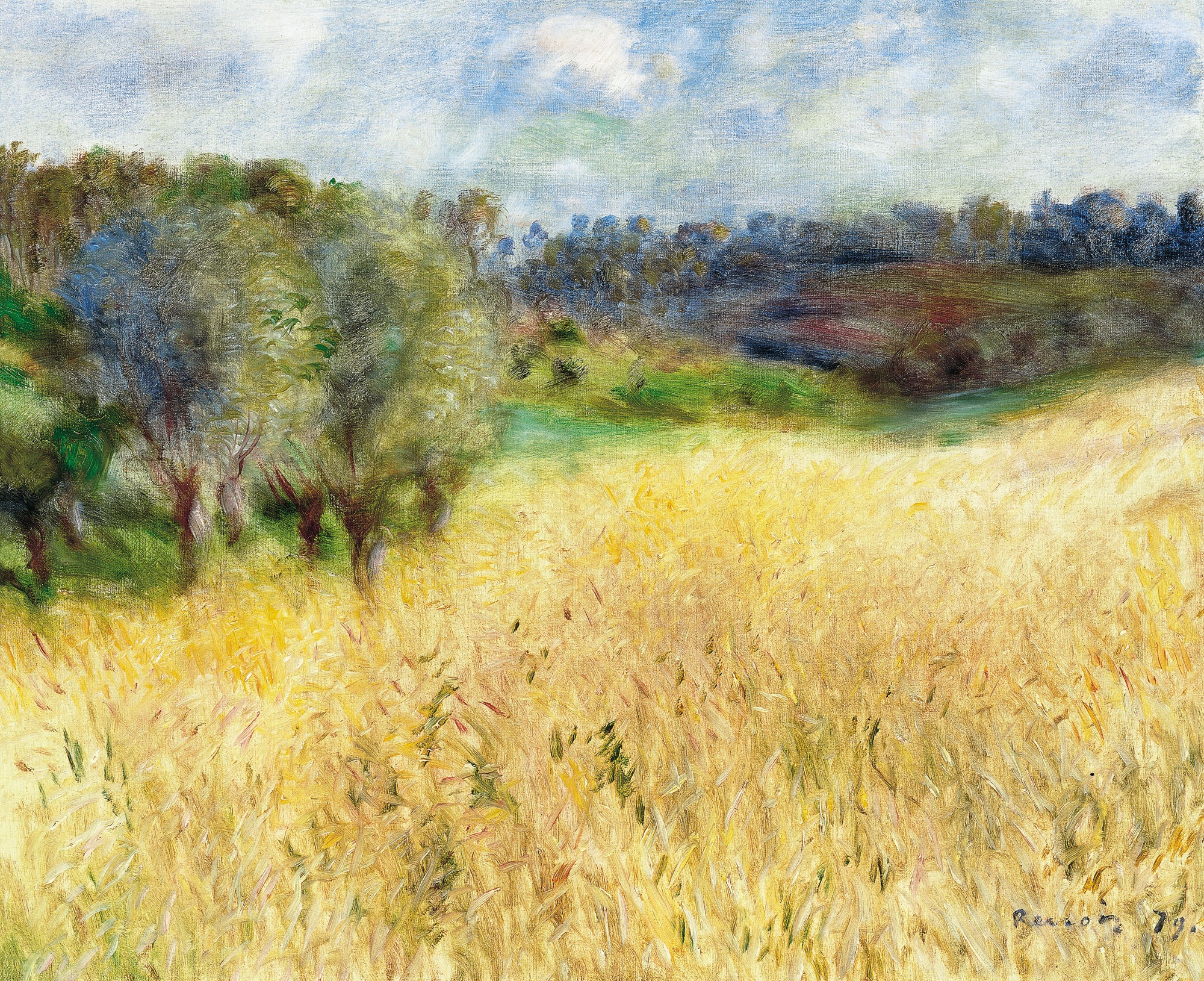 Wheatfield, ripe corn under a pale clouded sky with trees at the left – hand-painted oil reproduction of Renoir’s painting