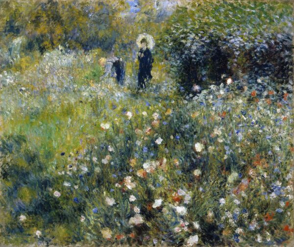 Woman with a Parasol in a Garden, a flowering meadow with a figure holding a parasol beyond – hand-painted oil reproduction of Renoir’s painting