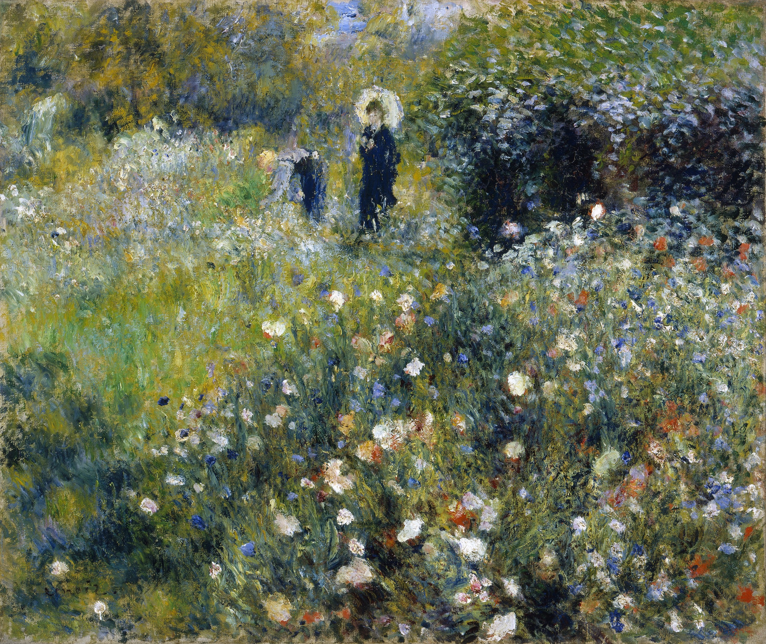 Napernyős nő a kertben, virágos rét napernyős alakkal a háttérben – kézzel festett olajreprodukció Renoir műve után