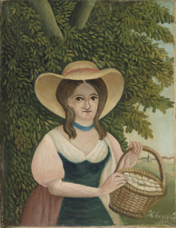 Woman with Basket of Eggs, Henri Rousseau – a woman in a wide straw hat and dark green bodice holds a wicker basket full of eggs against dark foliage