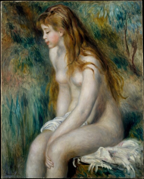 Young Girl Bathing, seated nude in profile with long hair and a white cloth – hand-painted oil reproduction of Renoir’s painting