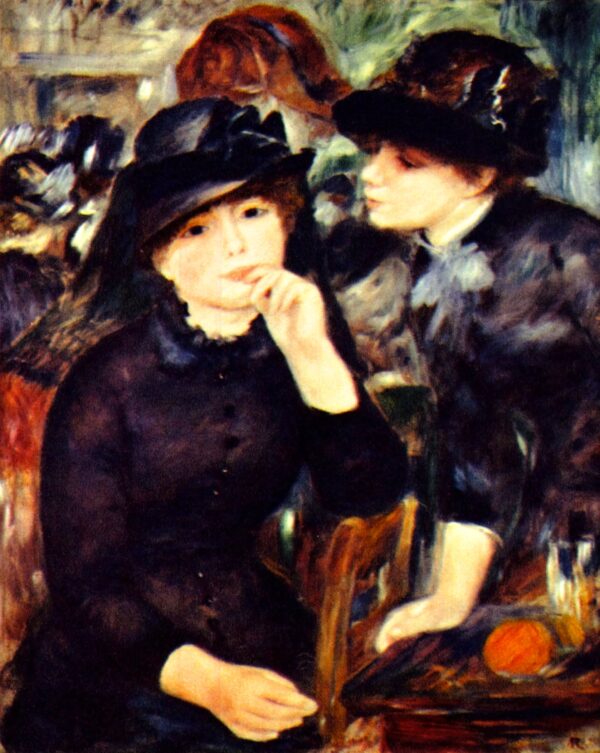 Young Girls in Black, two young women in black coats and hats at a table – hand-painted oil reproduction of Renoir’s painting