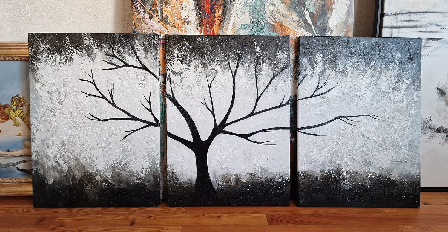 Tree in the night – all three panels side by side, the black tree spreading across all three canvases