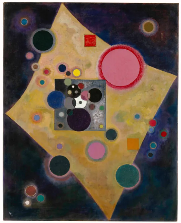 Wassily Kandinsky – Accent on Pink: a tilted sand-yellow form on a dark ground, with a large pink circle and many small circles – hand-painted by us in oil on canvas.