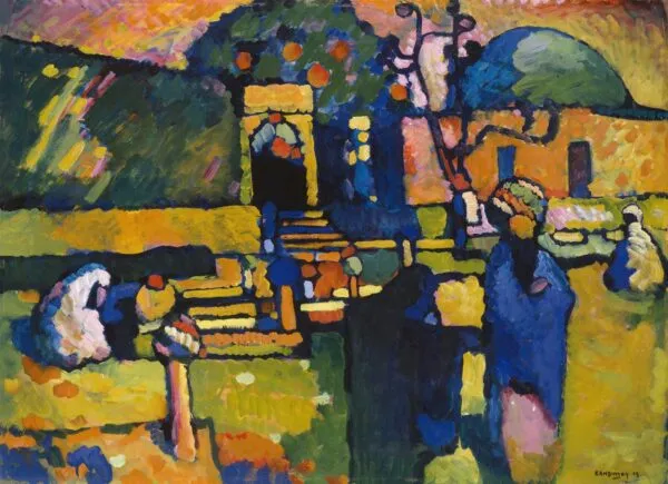 Wassily Kandinsky – Arabian Cemetery: sunlit burial ground with an arched gateway, rows of low stones, a blue dome and long-robed figures – hand-painted by us in oil on canvas.