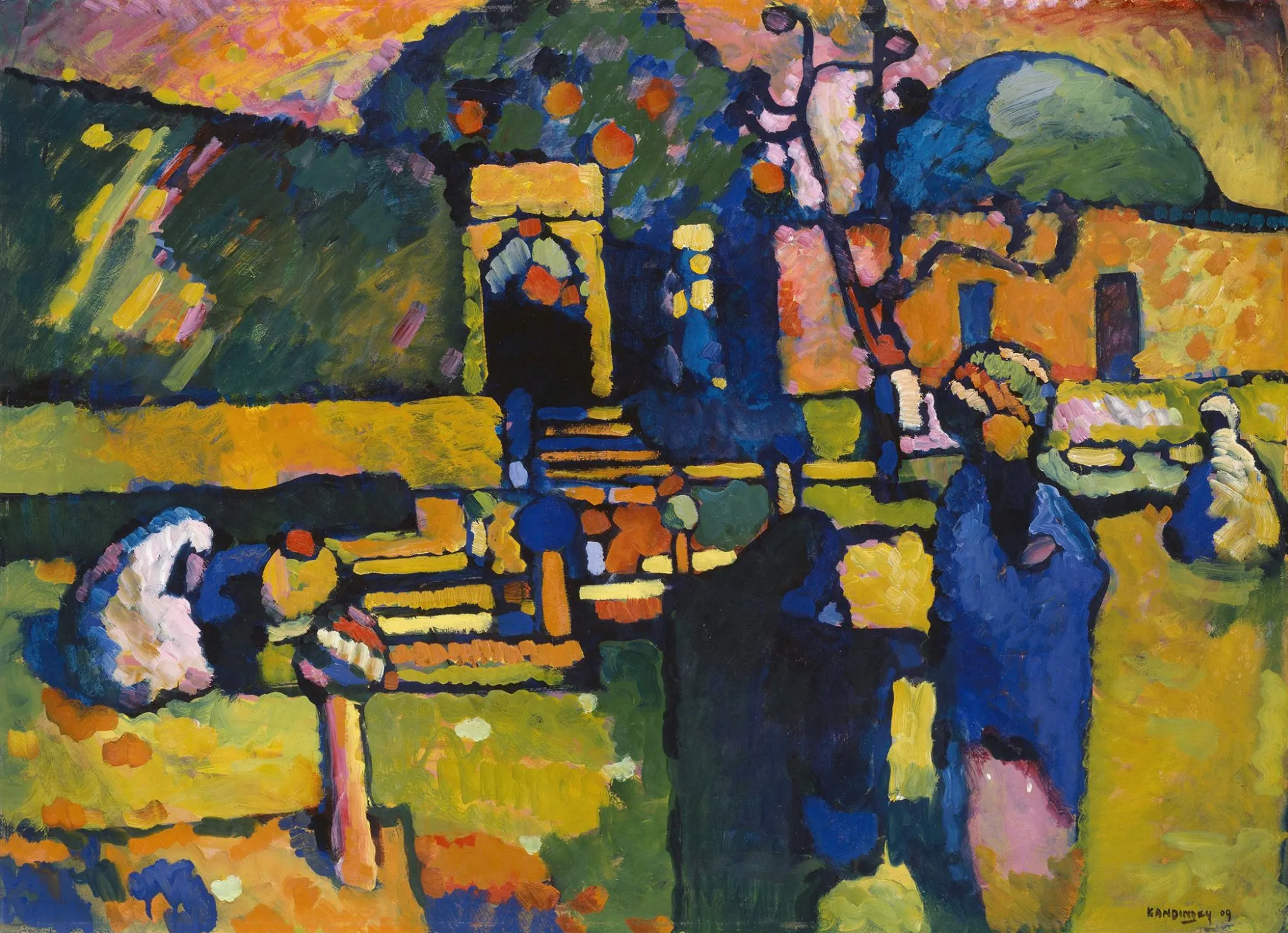 Wassily Kandinsky – Arabian Cemetery: sunlit burial ground with an arched gateway, rows of low stones, a blue dome and long-robed figures – hand-painted by us in oil on canvas.