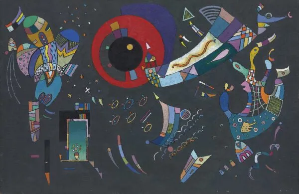 Wassily Kandinsky – Around the Circle: red ring around a black disc, curved patchwork band, small ellipses and specks on dark grey ground – hand-painted by us in oil on canvas.