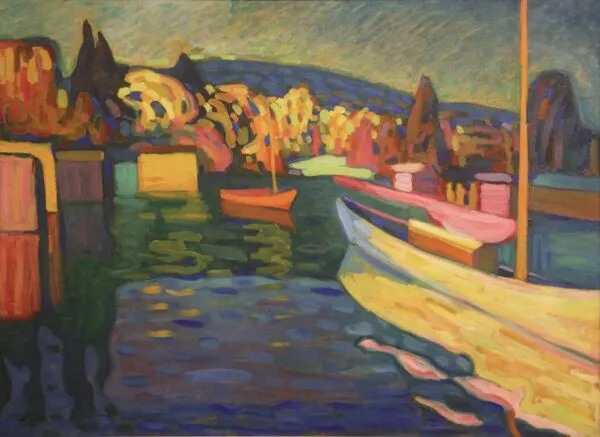 Wassily Kandinsky – Autumn Landscape with Boats: three boats on dark water before a shore of autumn trees in yellow, orange and pink – hand-painted by us in oil on canvas.
