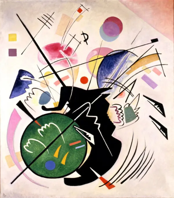 Wassily Kandinsky – Black Form: black form and green circle among coloured circles, squares and black lines on a pale ground – hand-painted by us in oil on canvas.