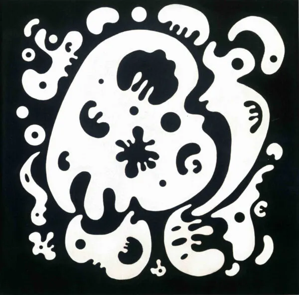 Wassily Kandinsky – Black Forms on White: a large white form with black blobs and hooks on a black ground, ringed by small white shapes – hand-painted by us in oil on canvas.