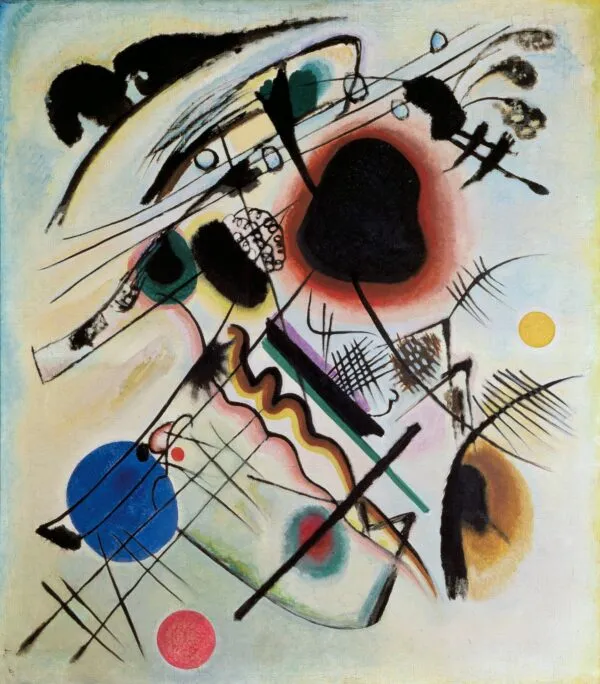 Wassily Kandinsky – Black Spot: a large black spot in a red glow, thin black lines and coloured circles on a pale cream ground – hand-painted by us in oil on canvas.