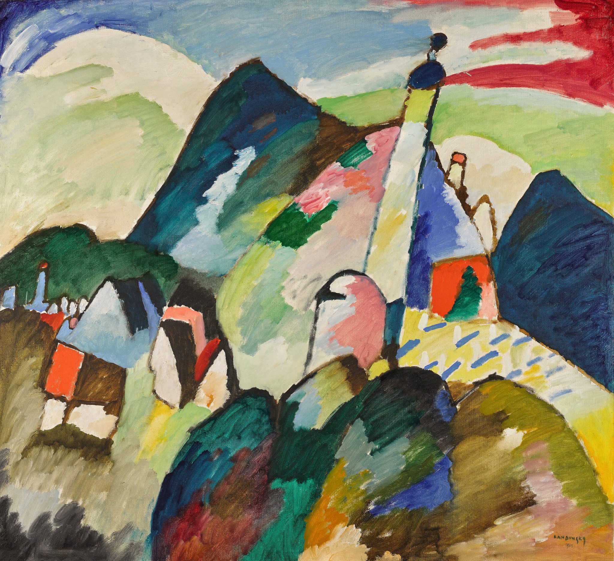 Wassily Kandinsky – Church at Murnau: church with a tall pale tower and dark blue dome among mountains, houses and rounded green bushes – hand-painted by us in oil on canvas.
