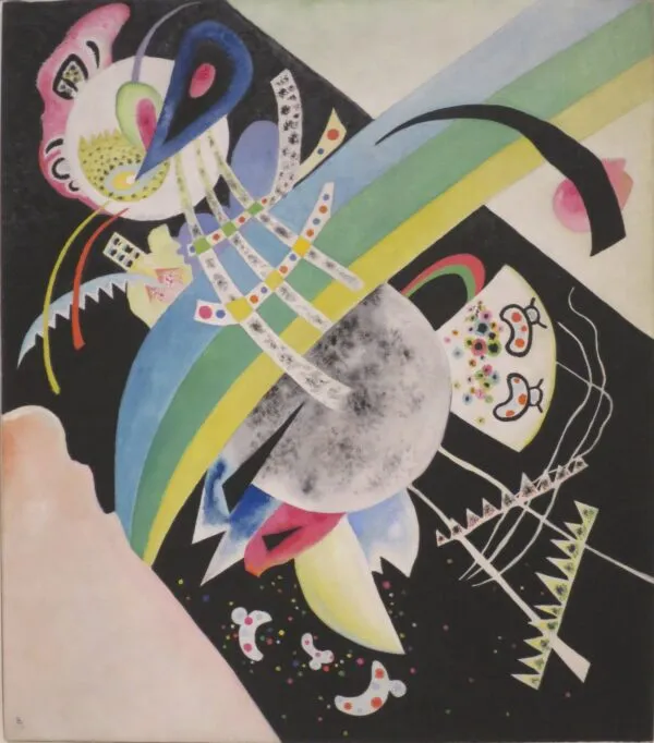 Wassily Kandinsky – Circles on Black: a striped band, a large grey circle and small bright forms on a black ground with pale corners – hand-painted by us in oil on canvas.