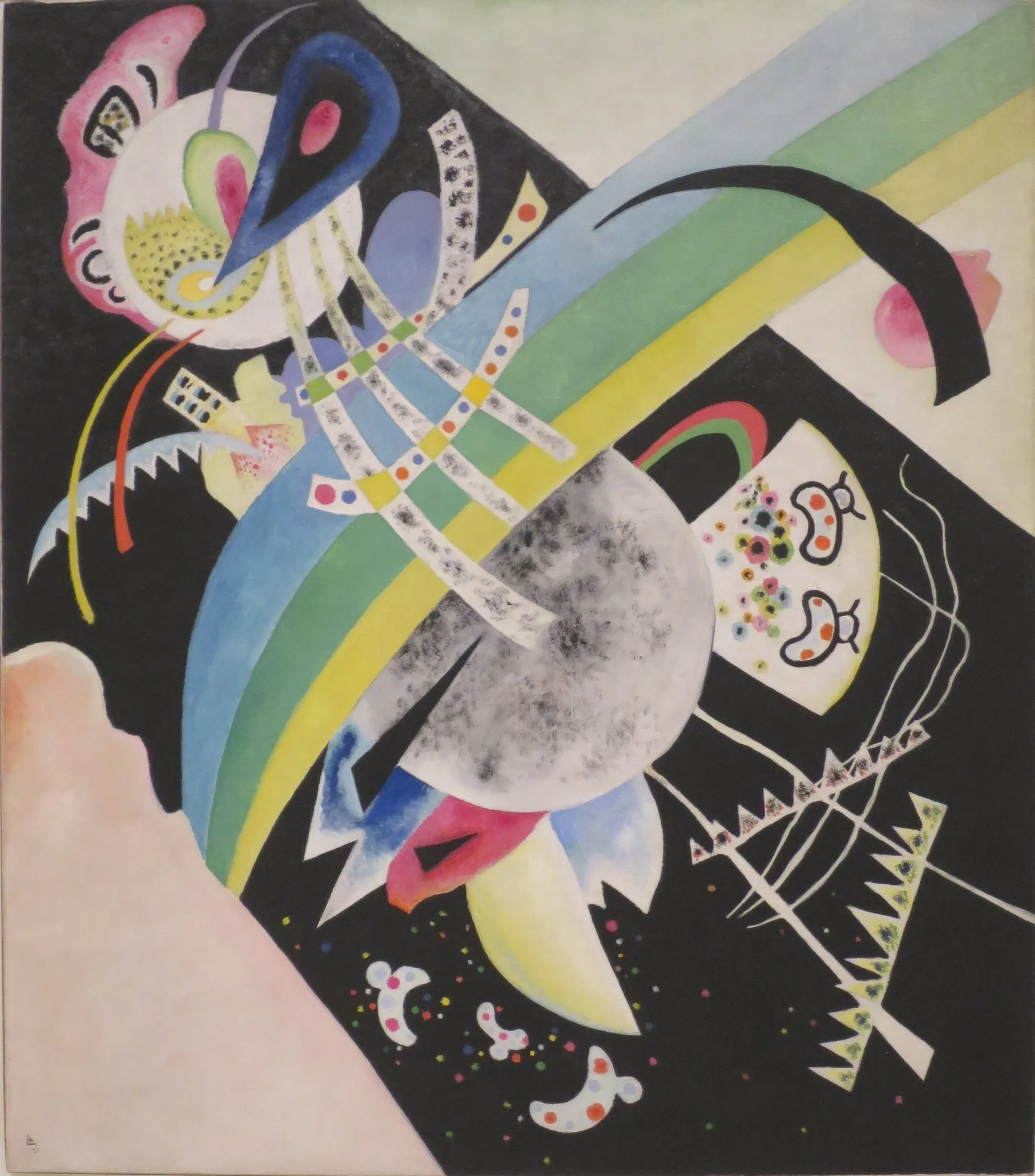 Wassily Kandinsky – Cerchi sul nero: fascia a strisce, grande cerchio grigio e piccole forme chiare su fondo nero con angoli chiari – un quadro che dipingiamo a mano a olio su tela.