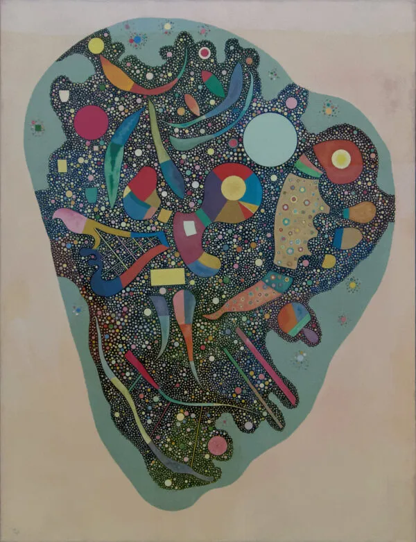 Wassily Kandinsky – Colourful Ensemble: circles, crescents and curved forms in a dark dotted field inside a grey-green shape on a pale ground – hand-painted by us in oil on canvas.