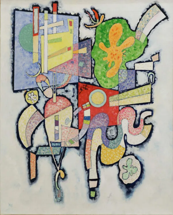 Wassily Kandinsky – Complex-Simple: a cluster of black-edged rectangles, bars and winding speckled forms on a pale ground – hand-painted by us in oil on canvas.