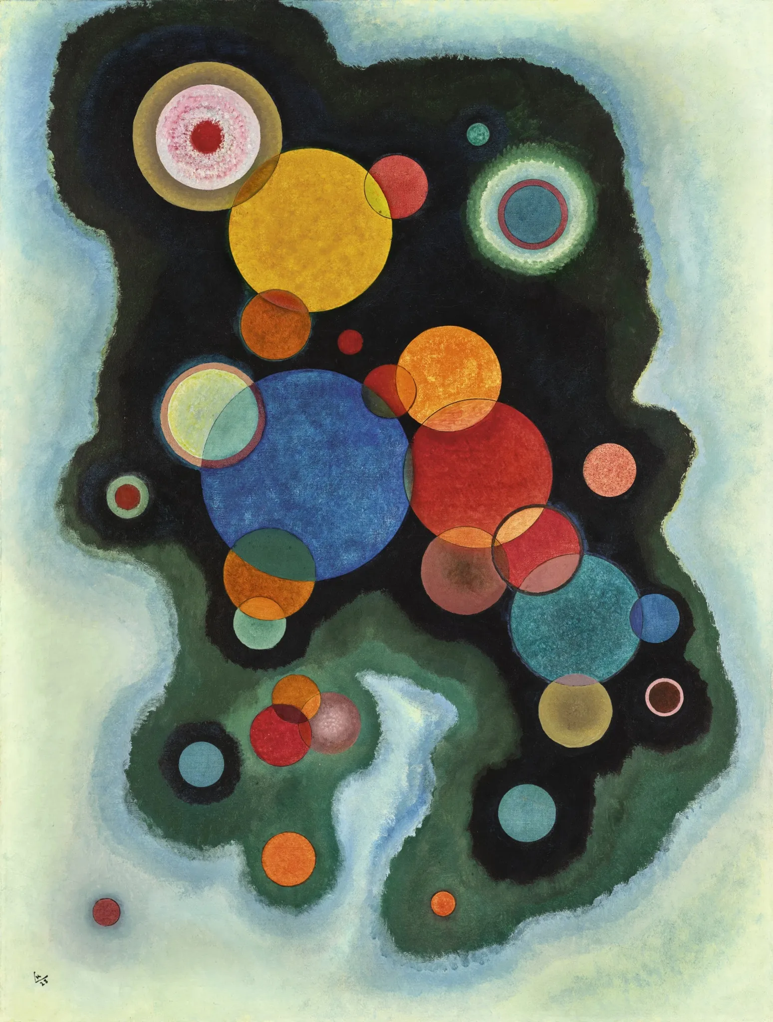 Wassily Kandinsky – Deepened Impulse: overlapping coloured circles on a black and green island within a pale ground, with a large blue circle – hand-painted by us in oil on canvas.