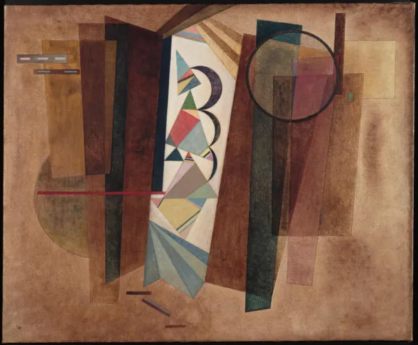 Wassily Kandinsky – Development in Brown: tilted brown and dark green planes around a pale strip of coloured triangles, with a thin black ring – hand-painted by us in oil on canvas.