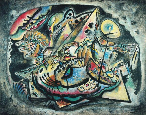 Wassily Kandinsky – Grey Oval: large black-edged oval with jagged peaks, spiky bundles of lines and curved bands on a mottled grey ground – hand-painted by us in oil on canvas.